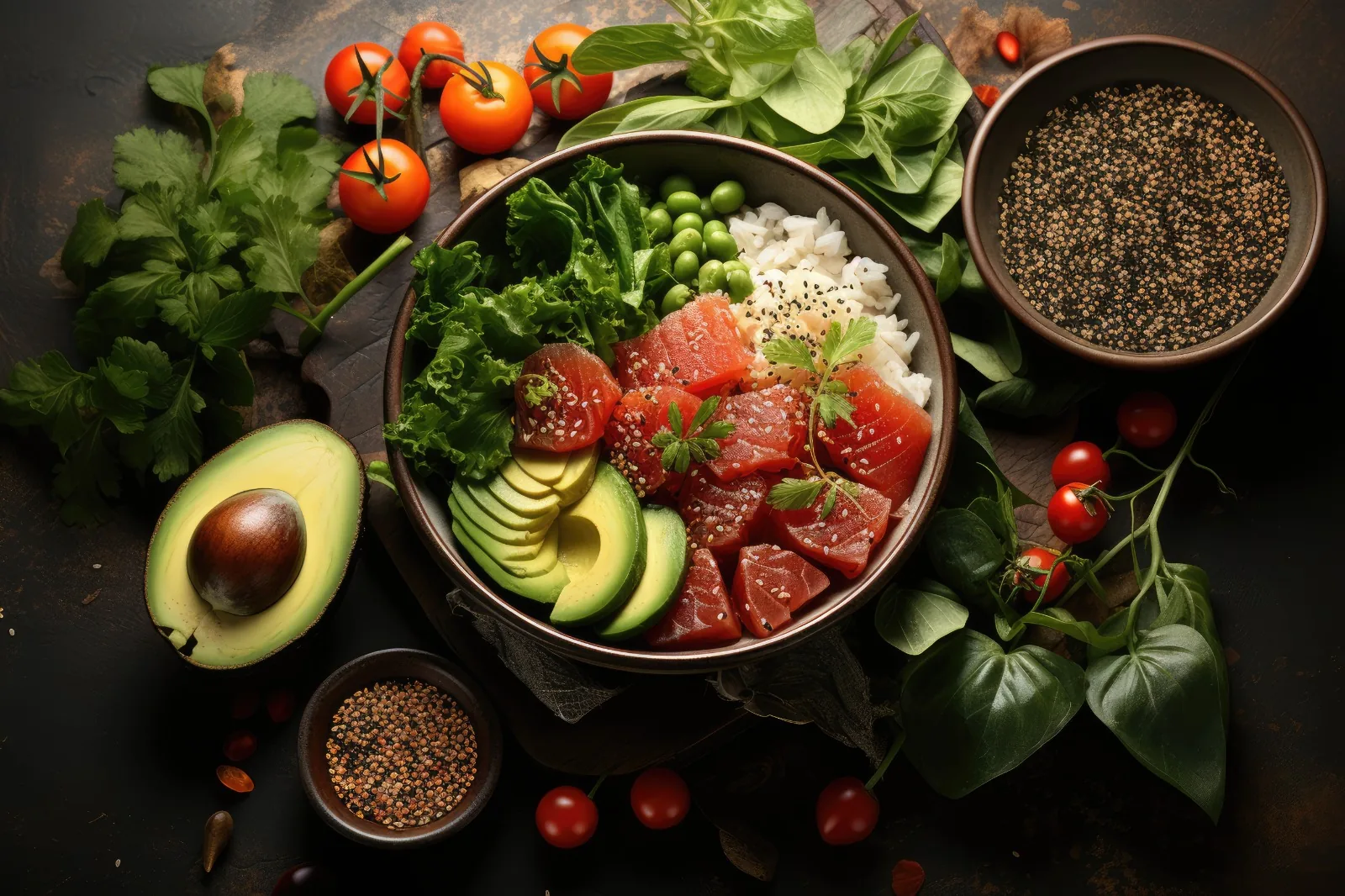 A poke bowl surrounded by avocado, greens and tomatoes