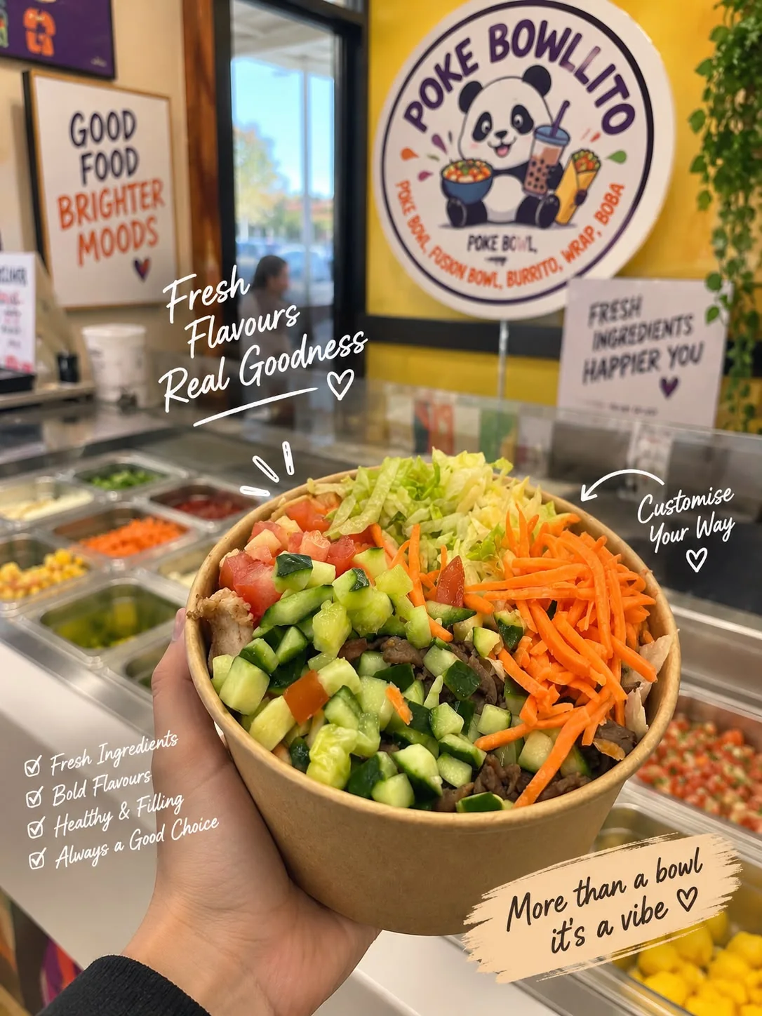 A full bowl held at the Poke Bowlito counter in Nanaimo